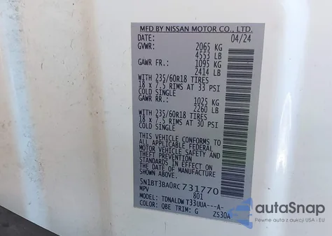 2024 Nissan Rogue Sv Fwd z USA, uszkodzony, nr VIN 5N1BT3BA0RC731770